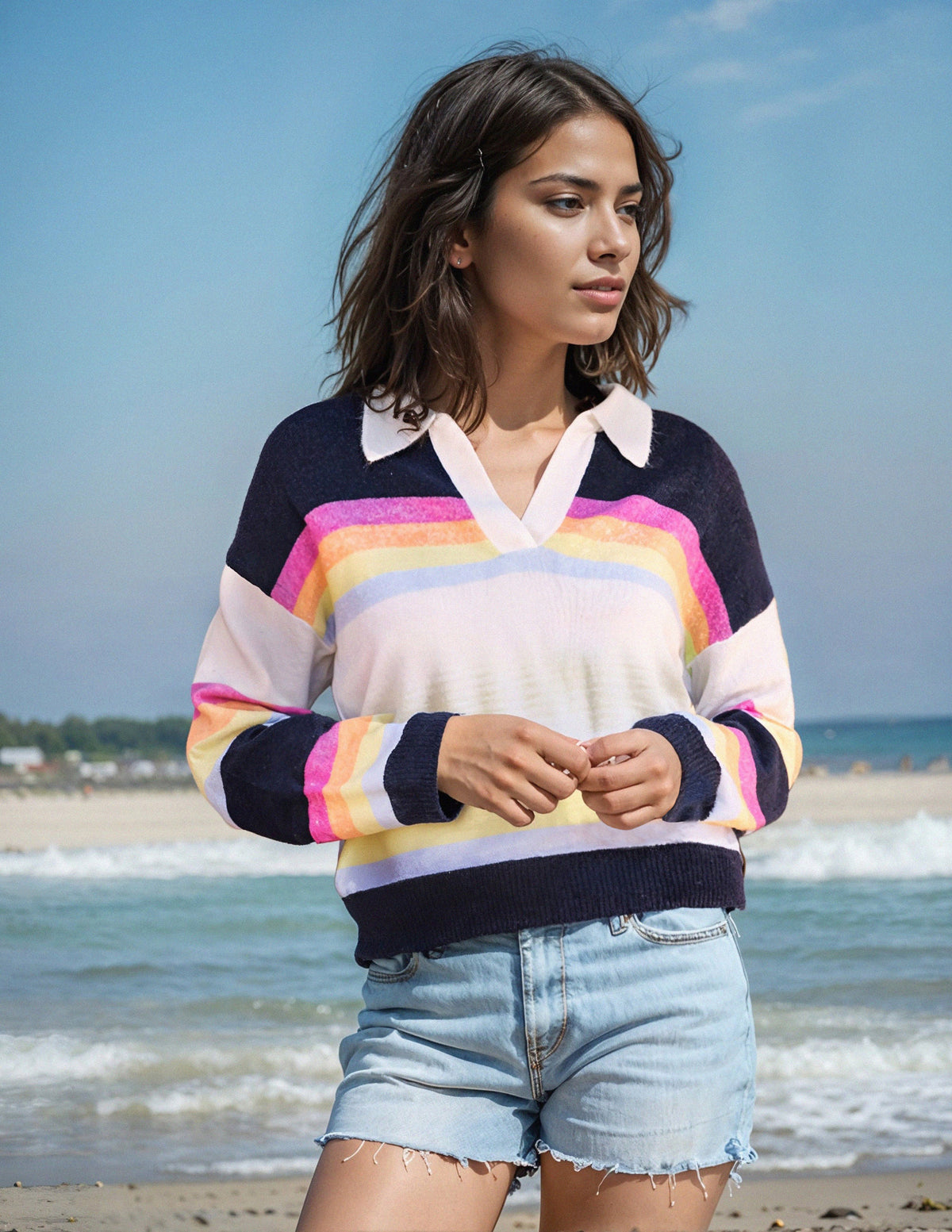 Sundry Johnny Collar Sweatshirt in Multicolor Stripes