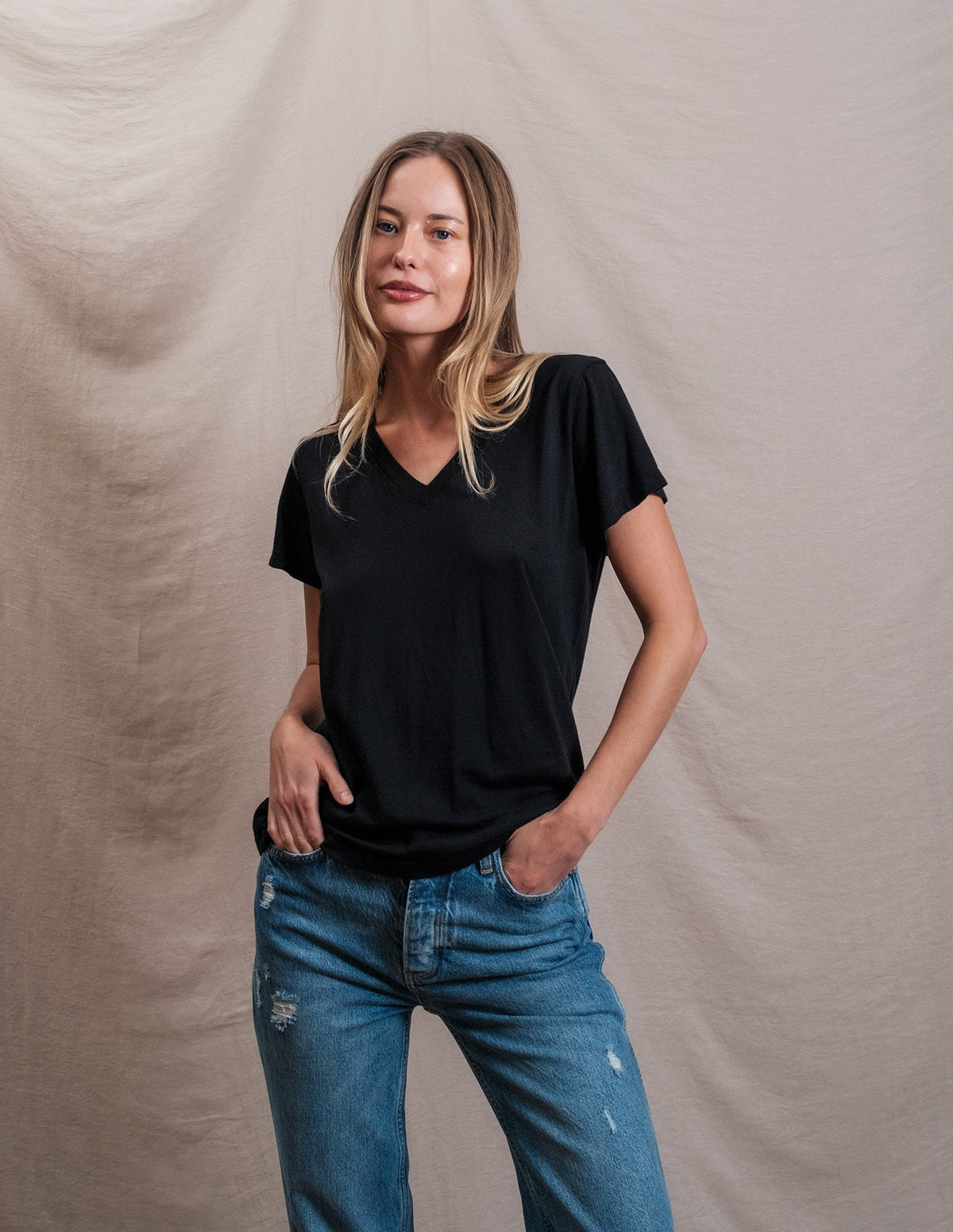 Butter Soft Short Sleeve V Neck in Black