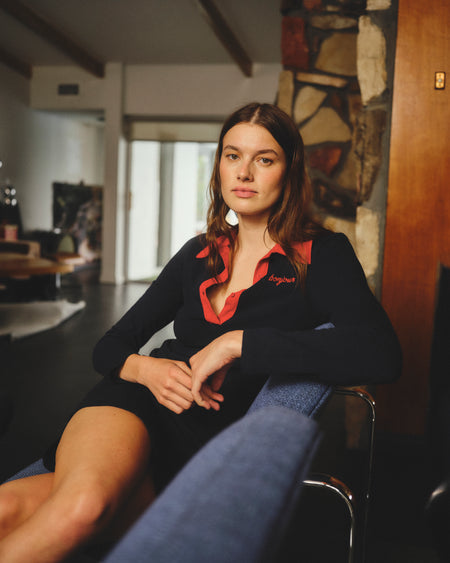 Sundry Bonjour Long Sleeve Polo Dress in Deep Navy