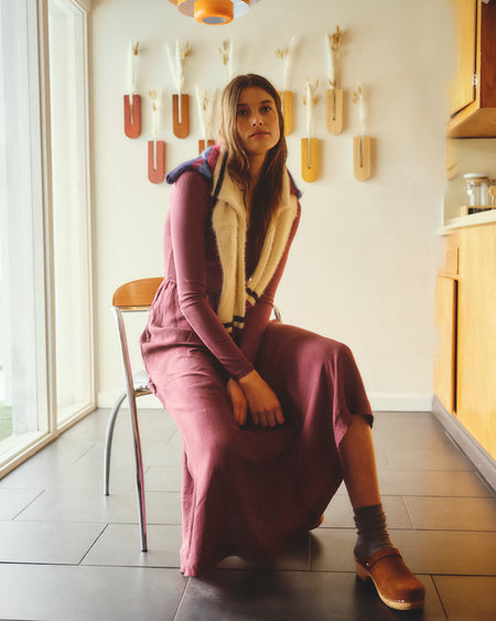 Sundry Long Sleeve Mixed Rib Cupro Dress in Mulled Wine