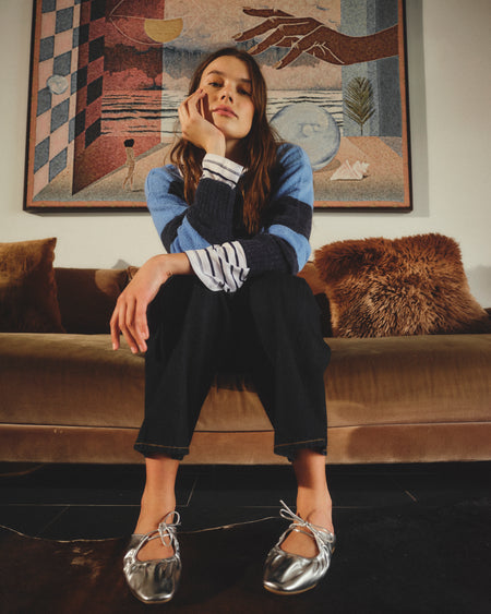 Sundry Bold Stripe Tunic Sweater With Embroidery in Blue Ice