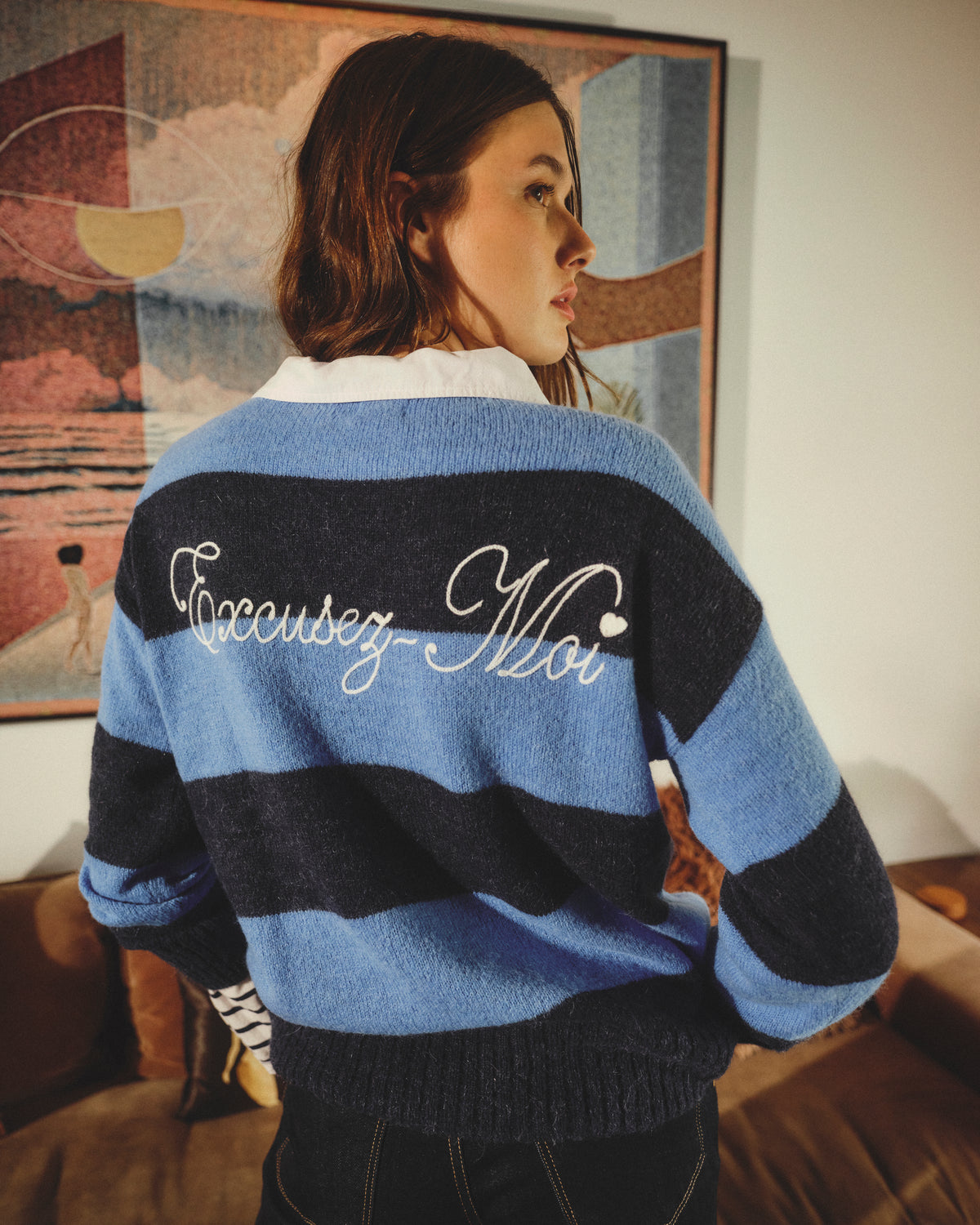 Sundry Bold Stripe Tunic Sweater With Embroidery in Blue Ice