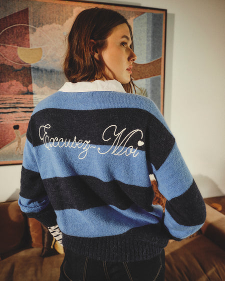 Sundry Bold Stripe Tunic Sweater With Embroidery in Blue Ice