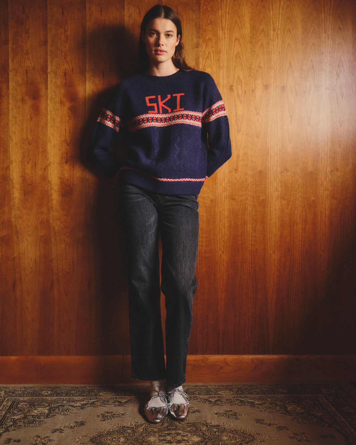 Sundry Jacquard &amp; Cable Pullover Sweater in Deep Navy