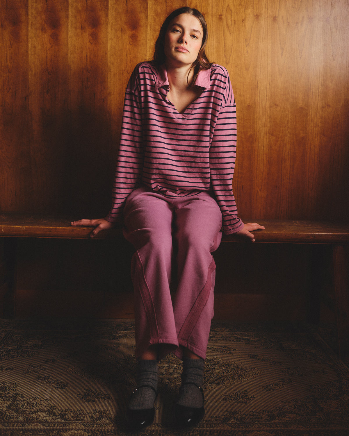 Sundry Popover Polo Boyfriend Long Sleeve Top in Mauve