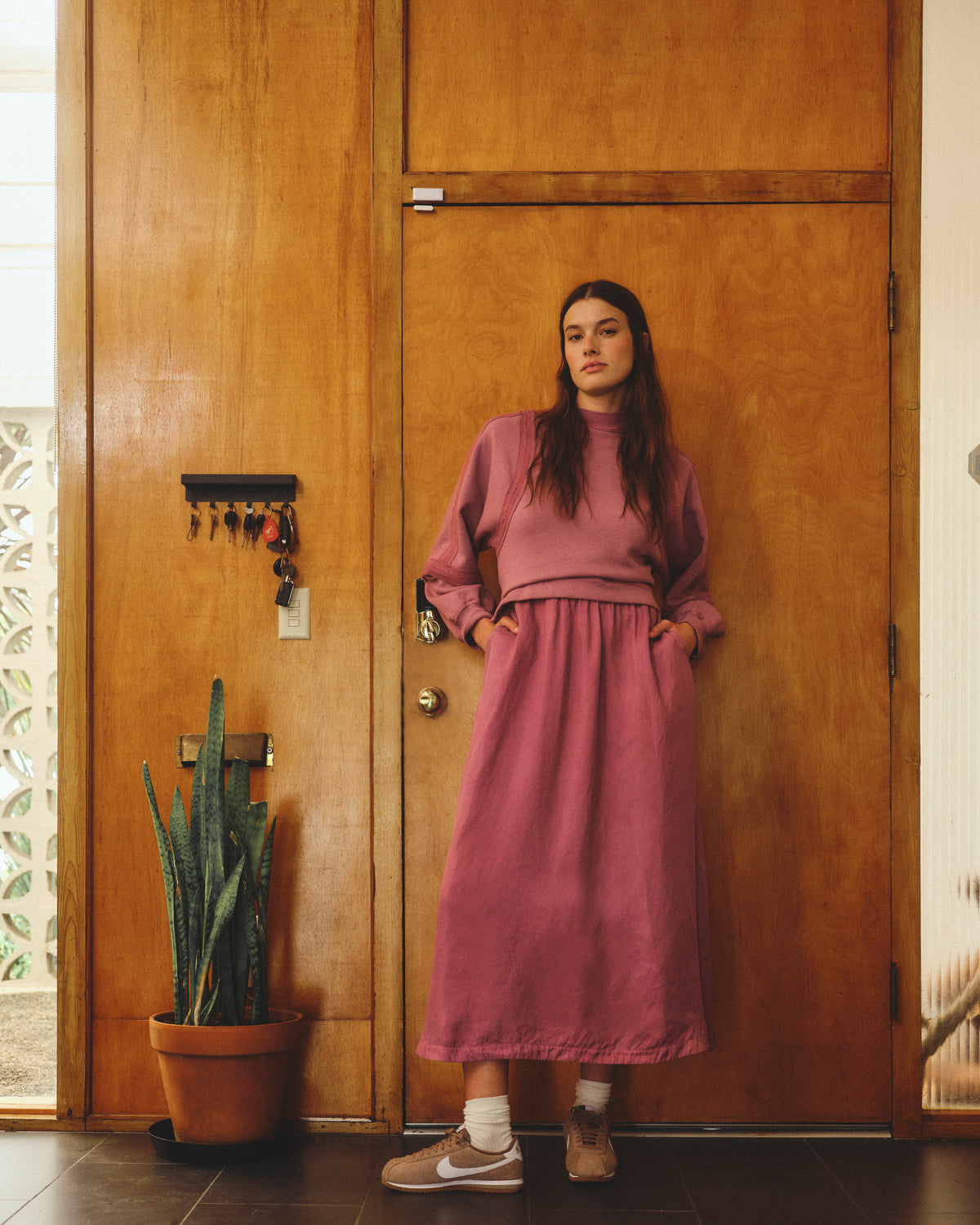 Sundry Long Sleeve Mixed Rib Cupro Dress in Mulled Wine