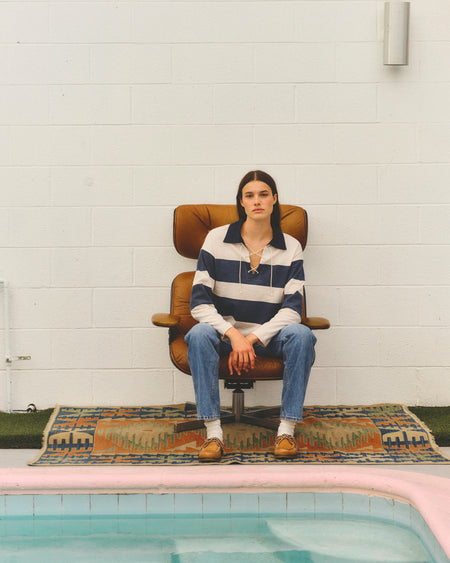 Sundry Rugby Stripe Tie Polo in Oyster / Navy