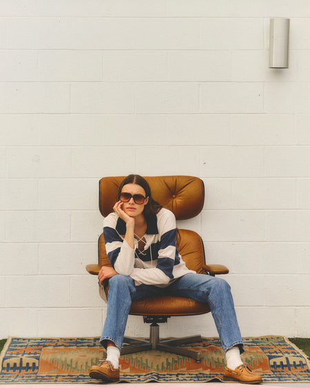 Sundry Rugby Stripe Tie Polo in Oyster / Navy