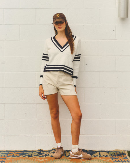 Sundry V-Neck Sweater with Stripe Details in Optic White