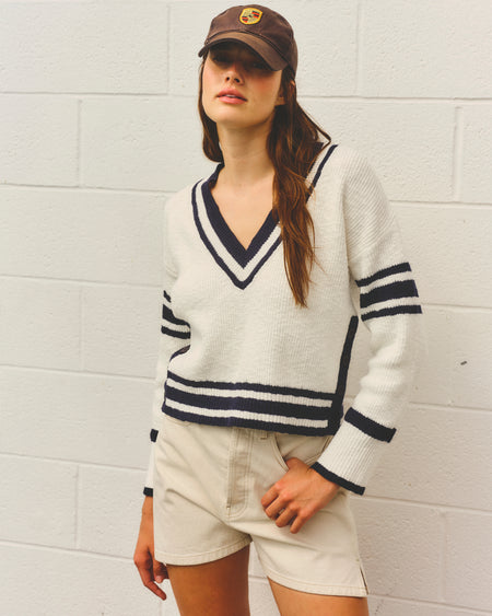 Sundry V-Neck Sweater with Stripe Details in Optic White
