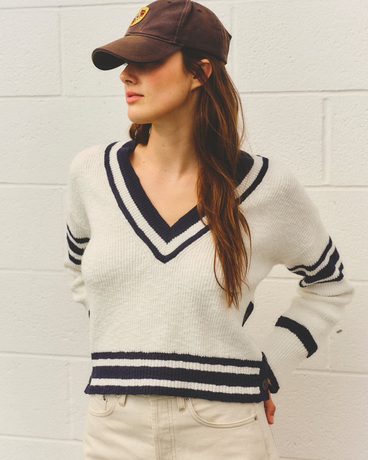 Sundry V-Neck Sweater with Stripe Details in Optic White