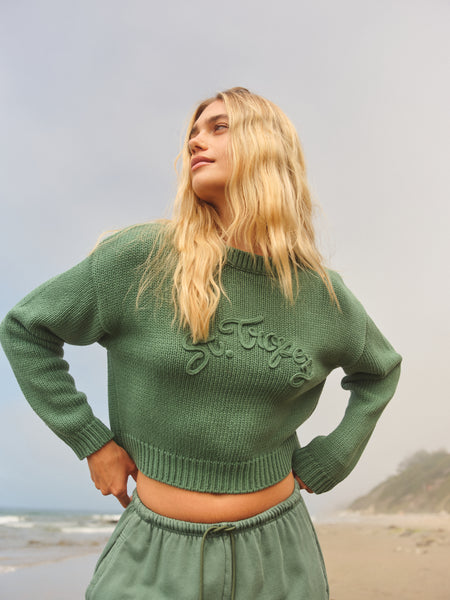 Sundry Crop Boatneck with Embroidery Sweater in Loden