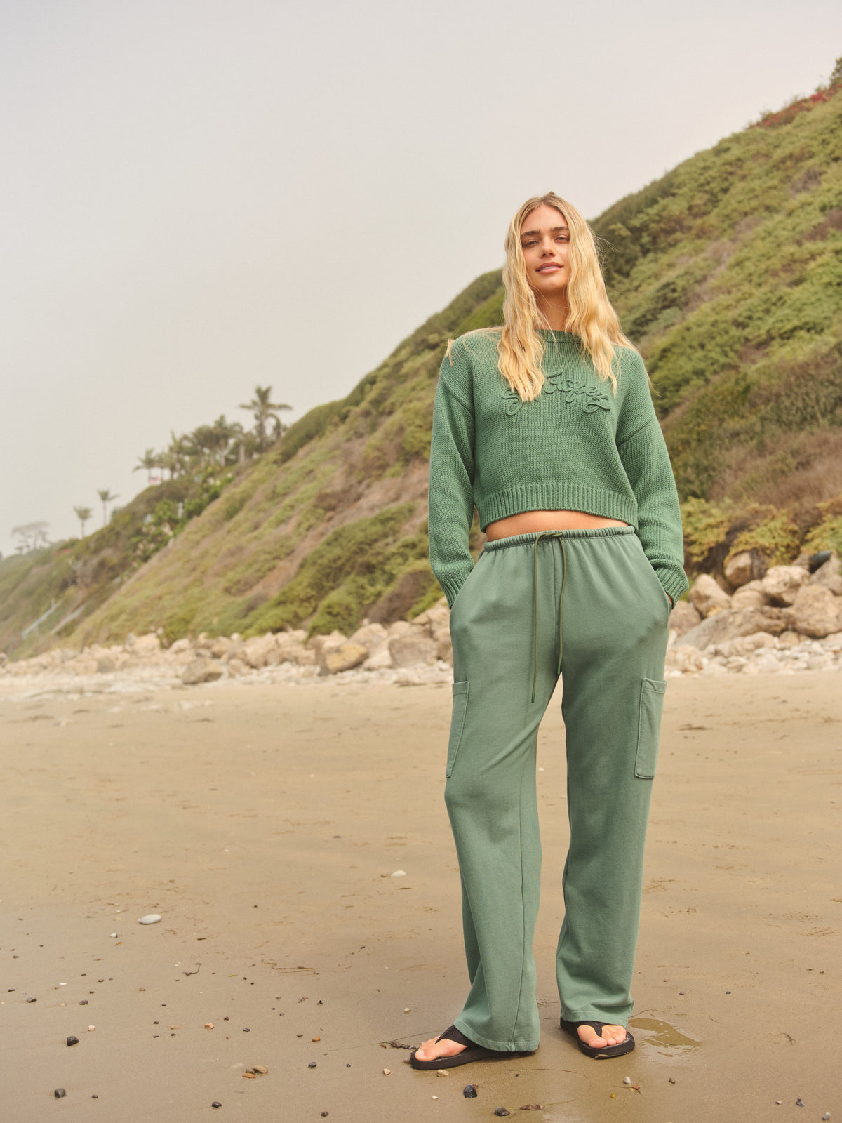 Sundry Crop Boatneck with Embroidery Sweater in Loden