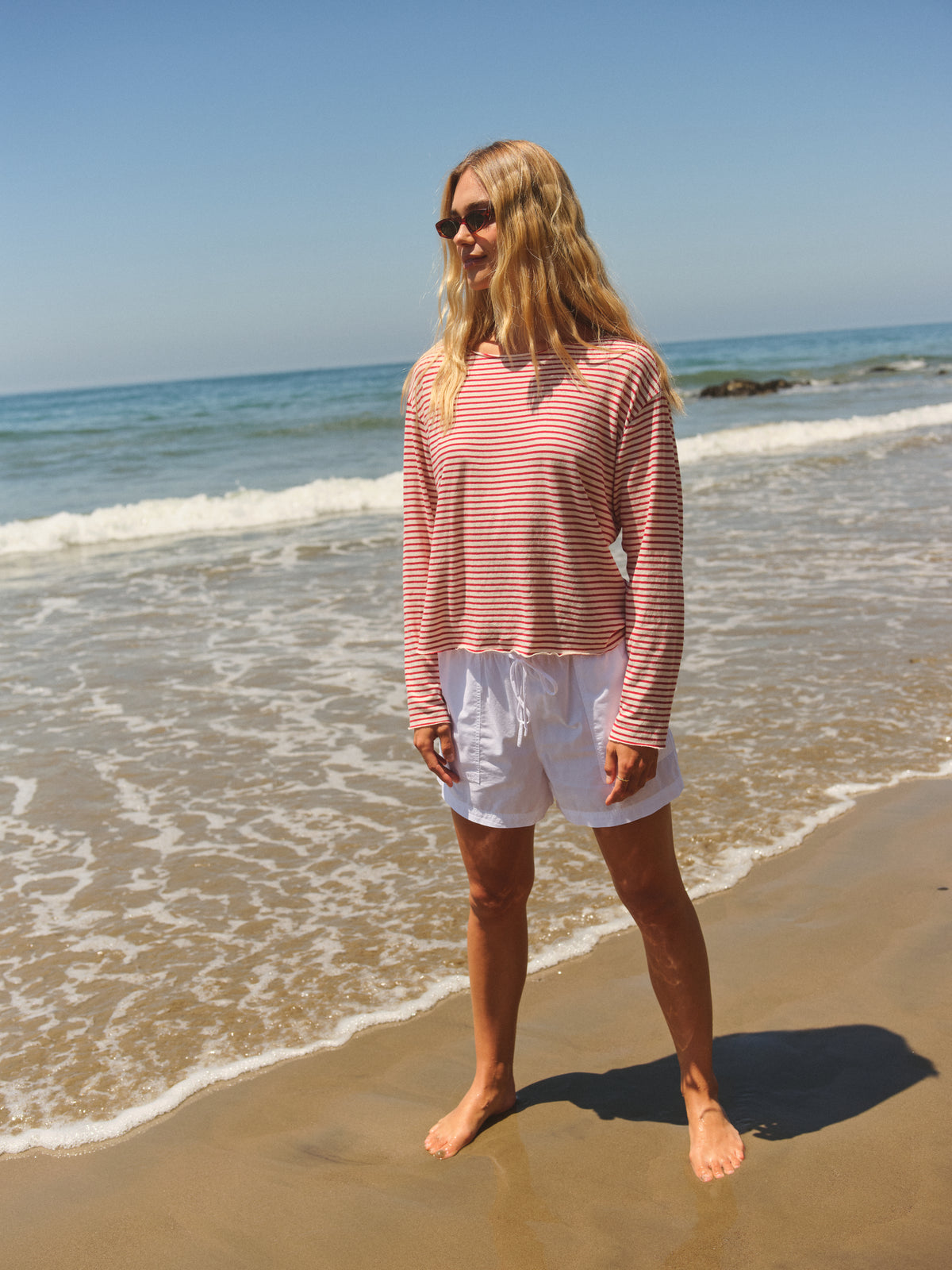 Sundry Boat Neck Stripe Top with Raw Edge in Oyster