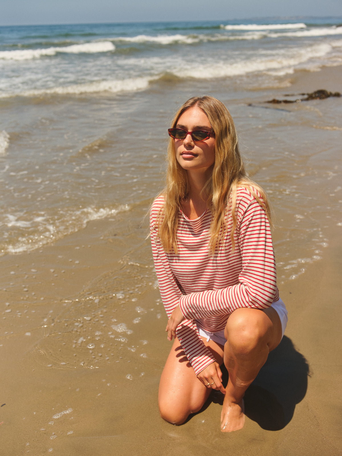 Sundry Boat Neck Stripe Top with Raw Edge in Oyster