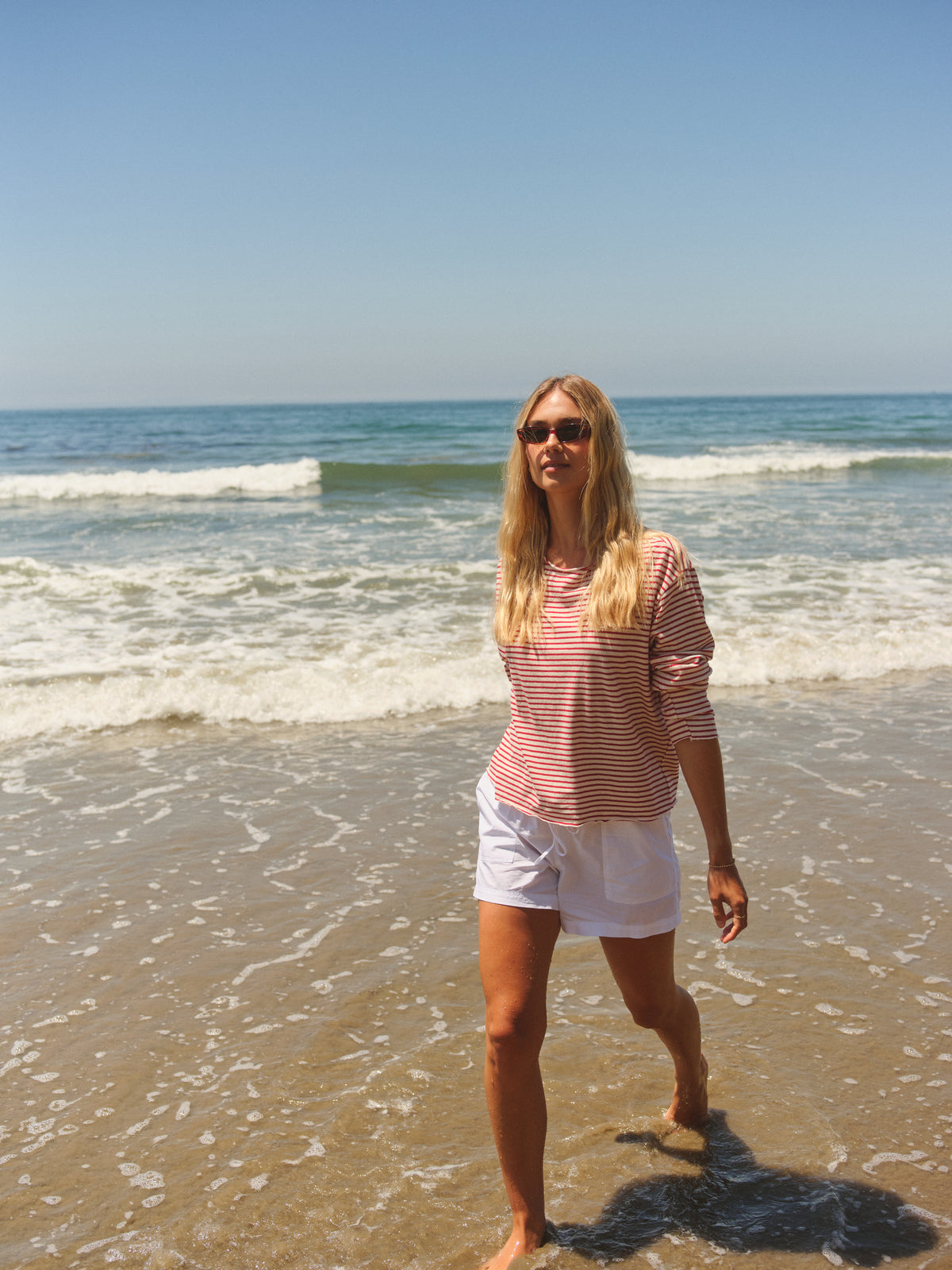 Sundry Boat Neck Stripe Top with Raw Edge in Oyster