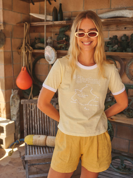 Sundry La Cote D'Azur Short Sleeve Boxy RIinger Crew Tee in Butter Cream