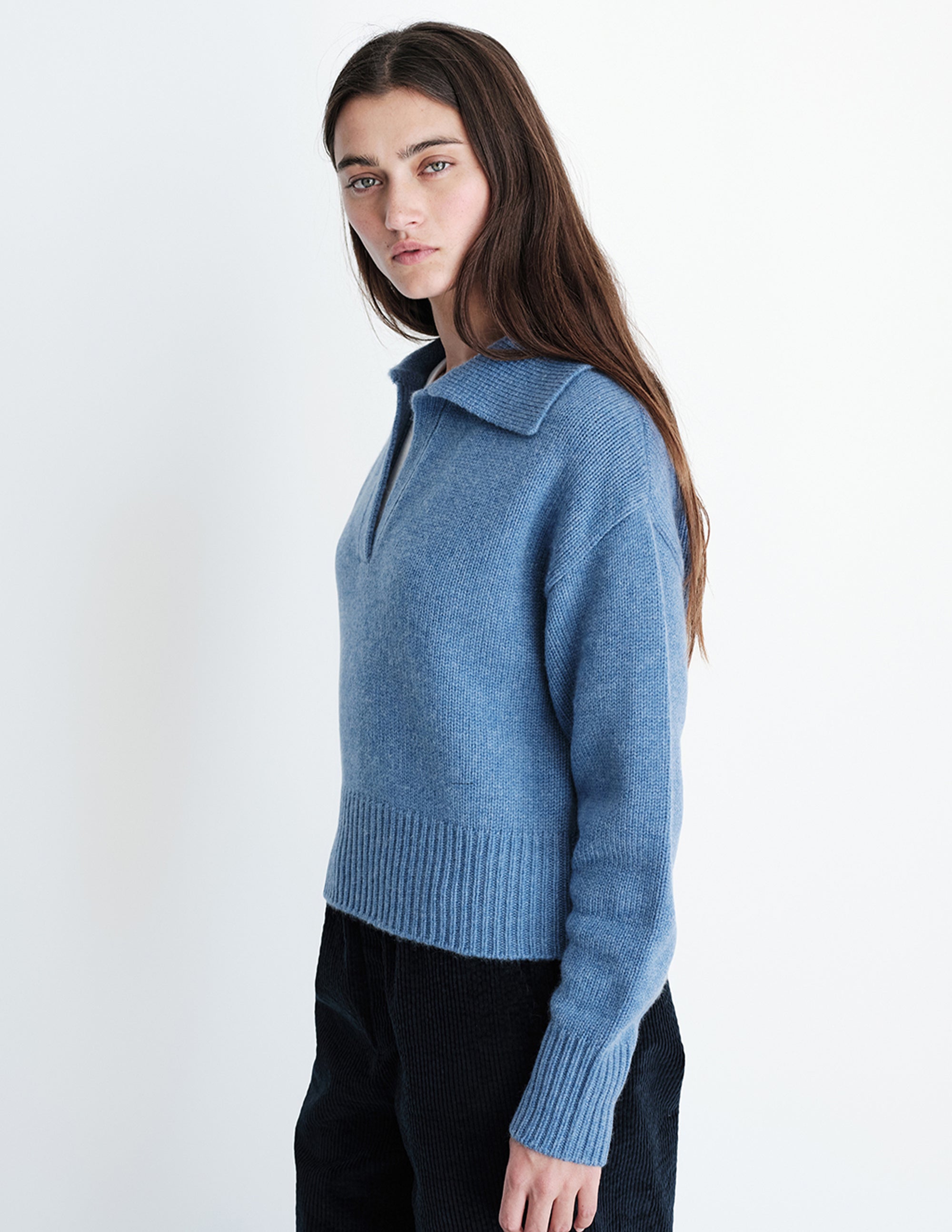 Cozy Cashmere Blend Johnny Collar Sweater in Denim - Sundry