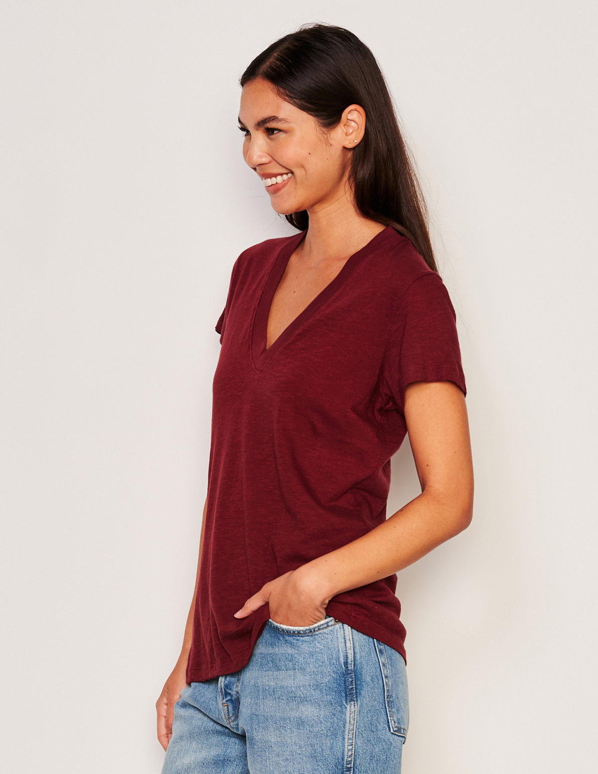 Sundry Deep V-Neck Tee in Red Rock