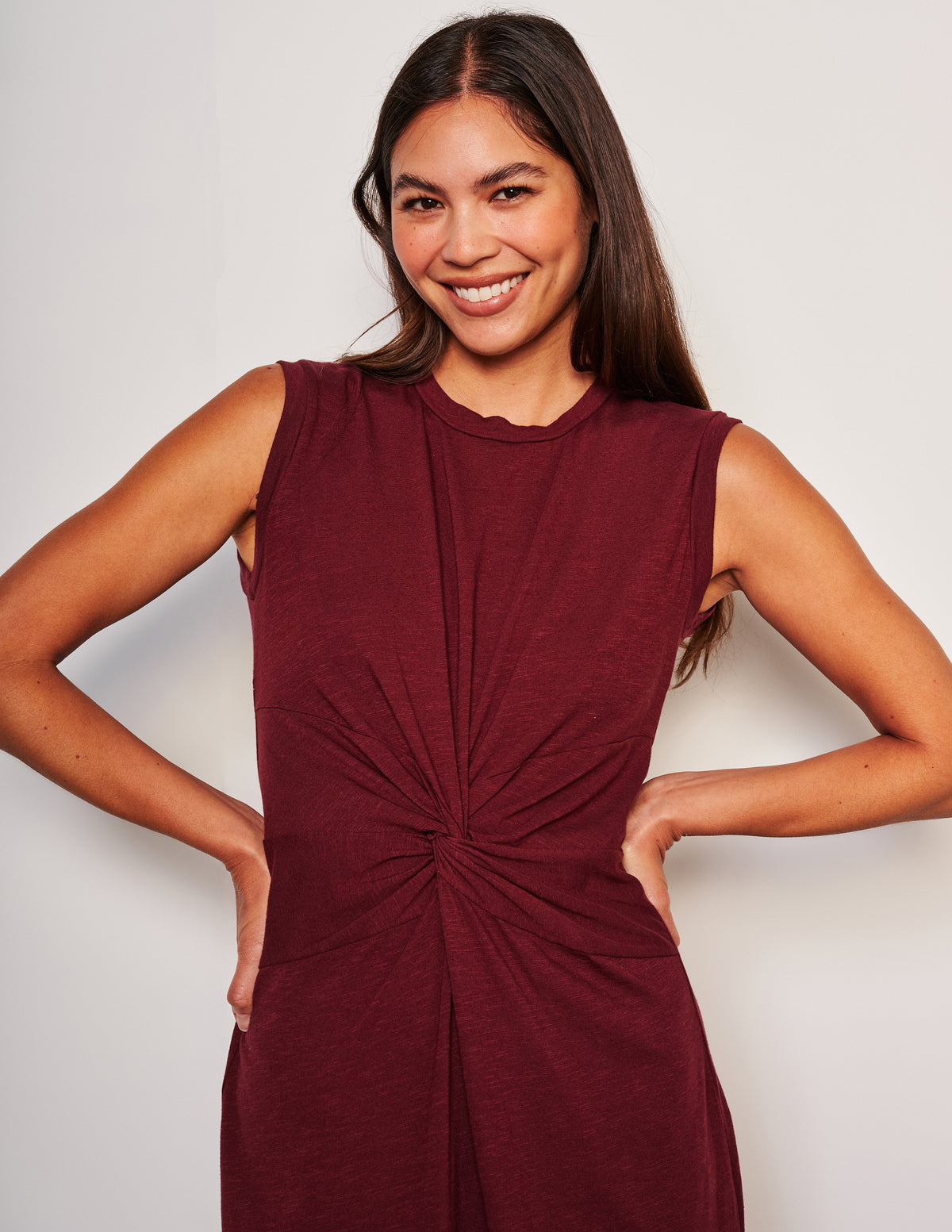 Sundry Midi Twist Sleeveless Dress-close up model is smiling 