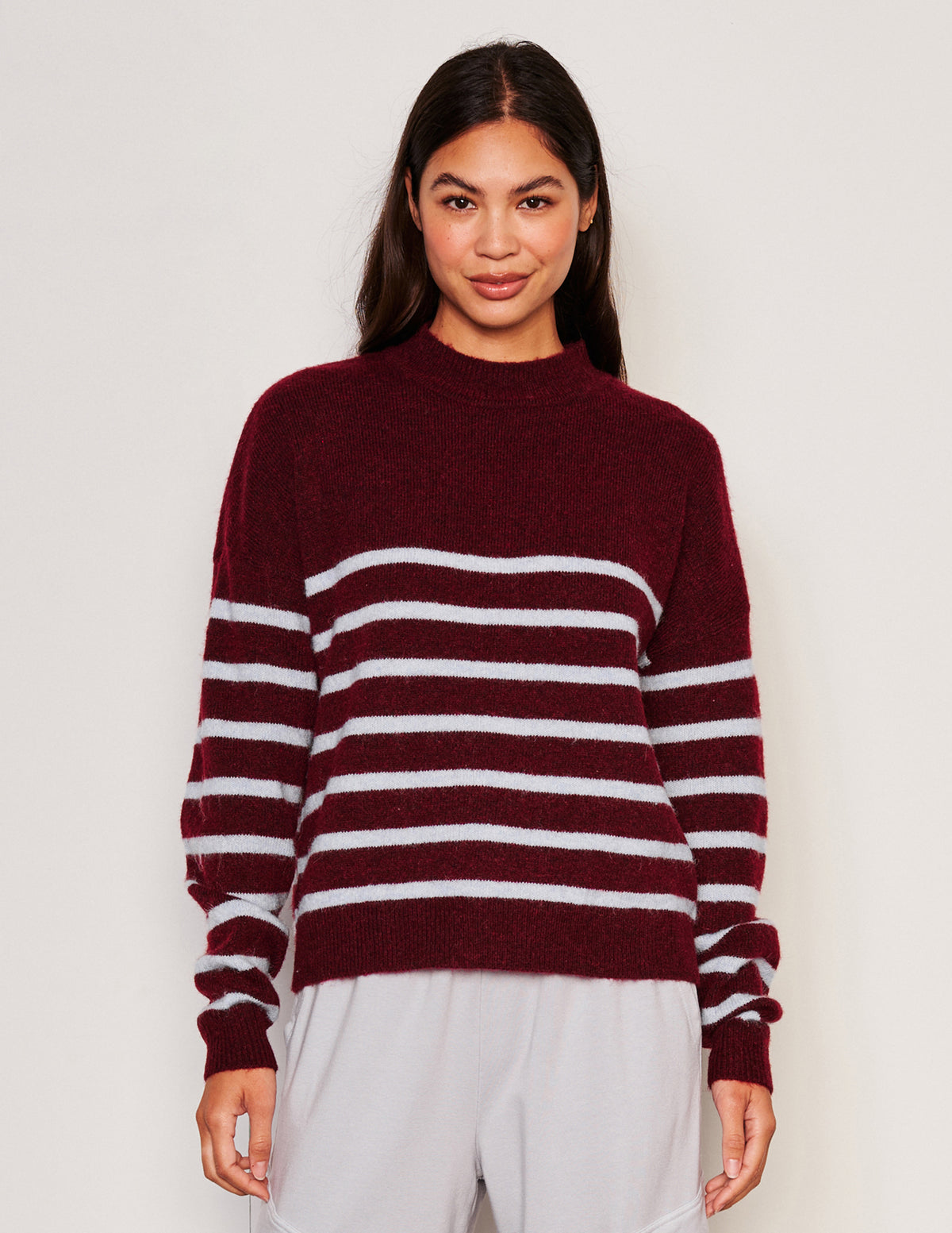 Sundry Stripes Mock Neck Cozy Sweater-3/4 front view