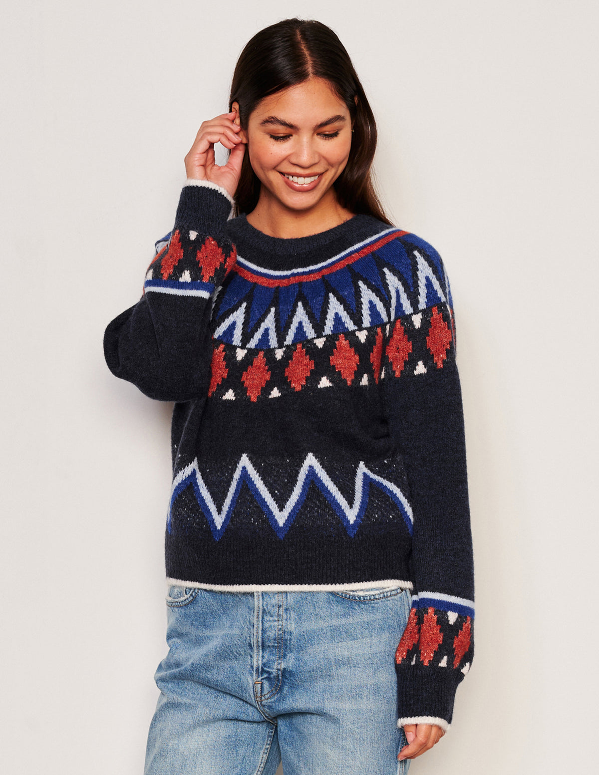 Sundry Fairisle Crew Neck Sweater in Deep Navy