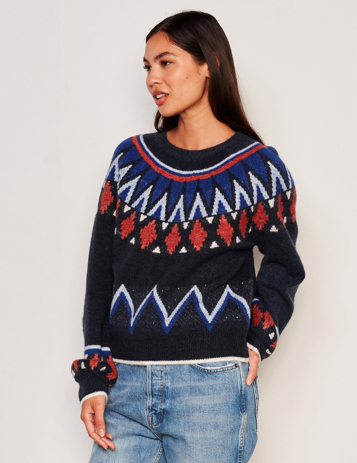 Sundry Fairisle Crew Neck Sweater in Deep Navy