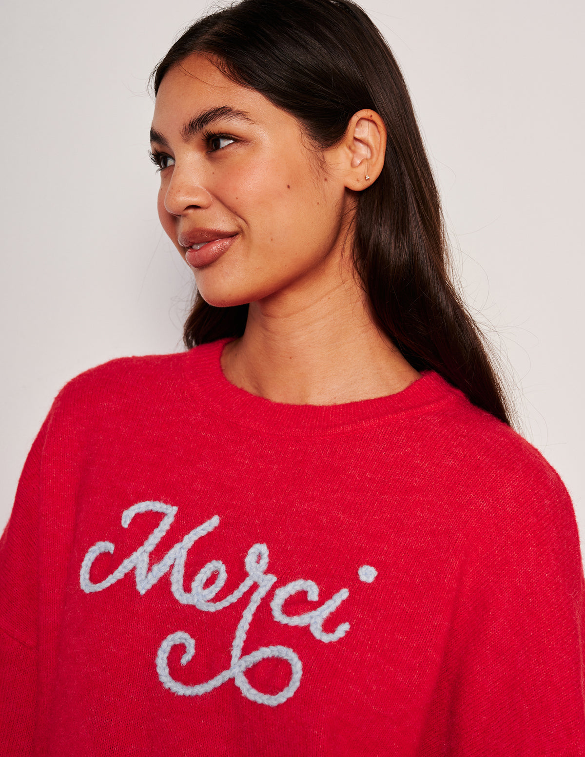 Sundry Merci Crew Neck Sweater-close up of graphic tee