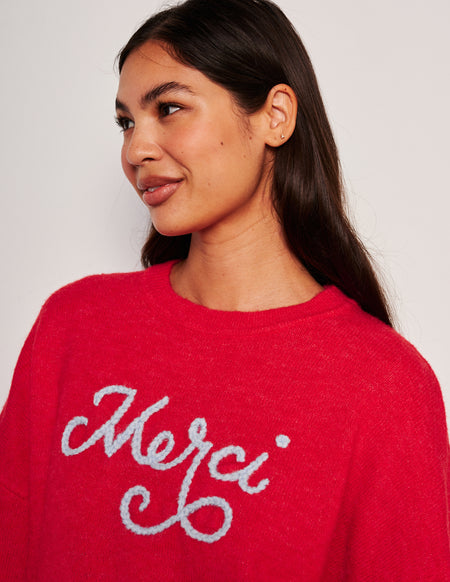 Sundry Merci Crew Neck Sweater-3/4 front view model is smiling