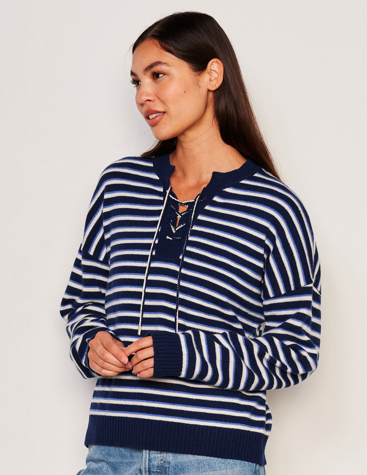 Sundry Stripes Lace Up Sweater in Oyster