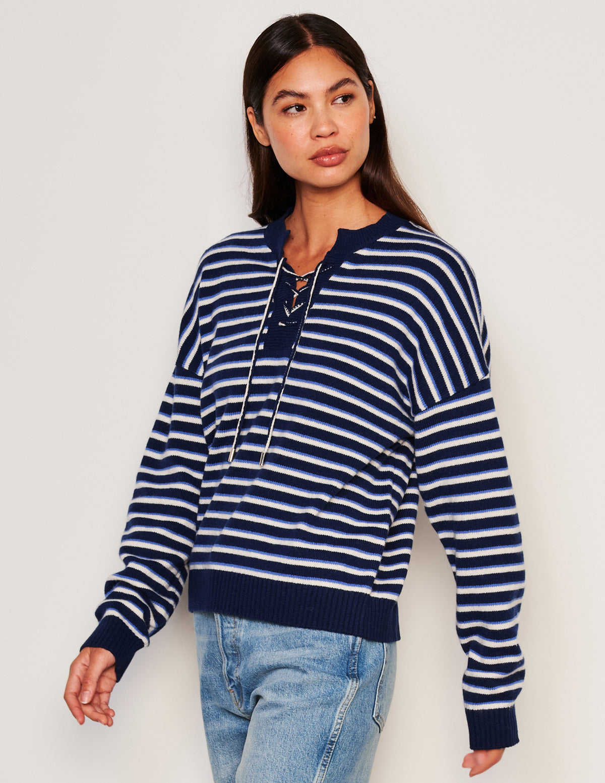 Sundry Stripes Lace Up Sweater in Oyster