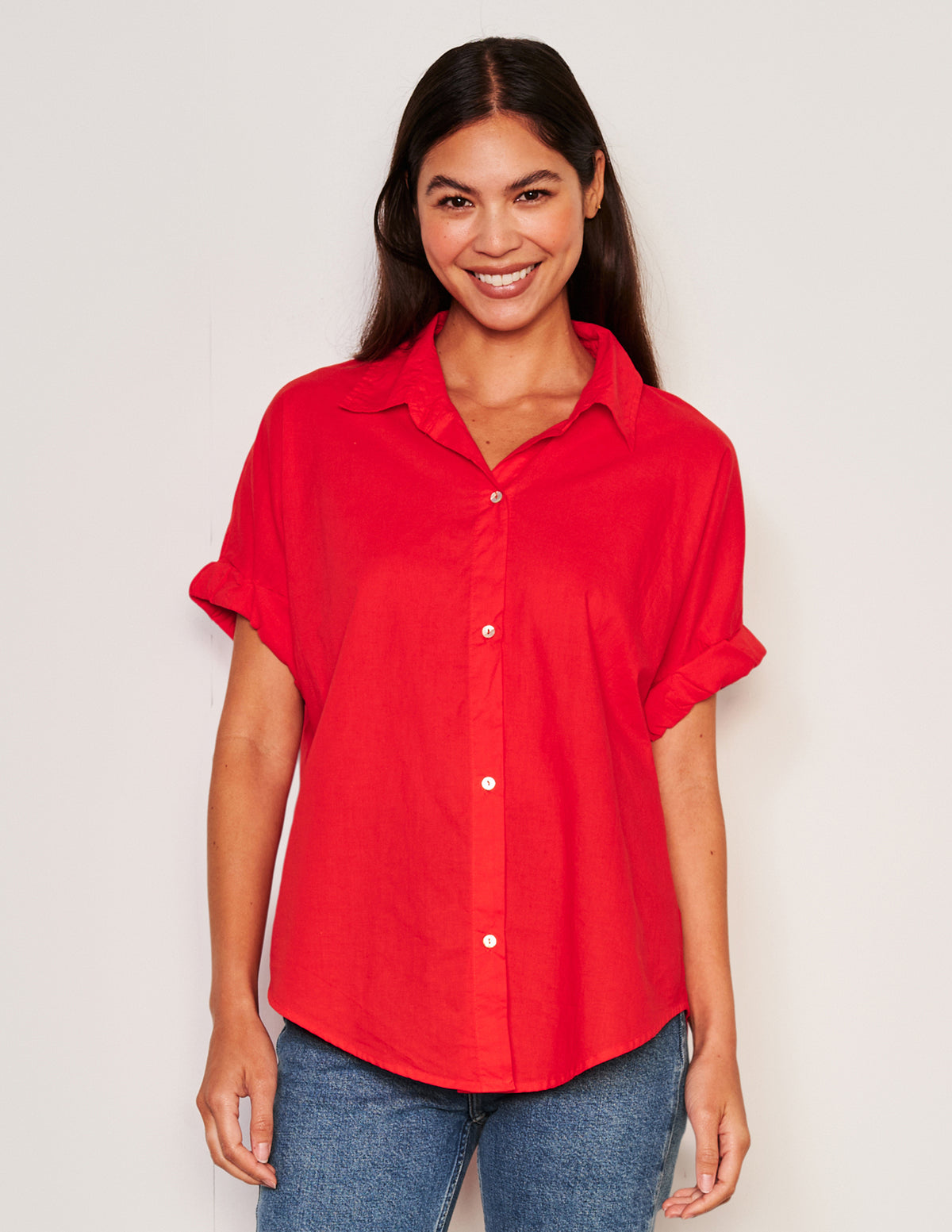 Sundry Roll Short Sleeve Shirt-3/4 front model is smiling and has her hands by her side