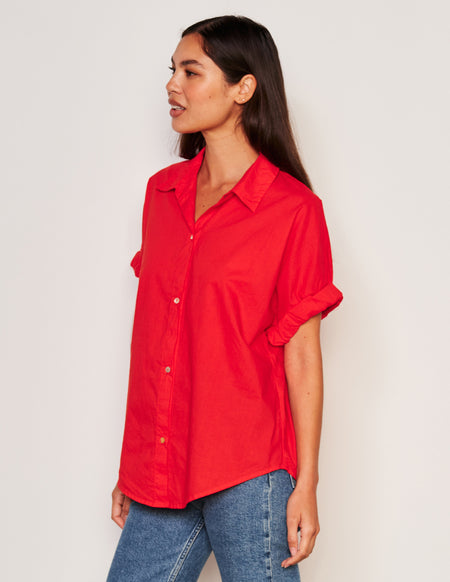 Sundry Roll Short Sleeve Shirt-3/4 front model is smiling and has her hands by her side