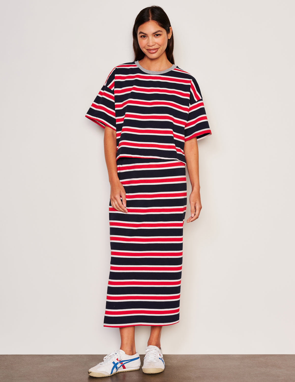 Sundry Midi Side Slit Skirt-full view front model is smirking 