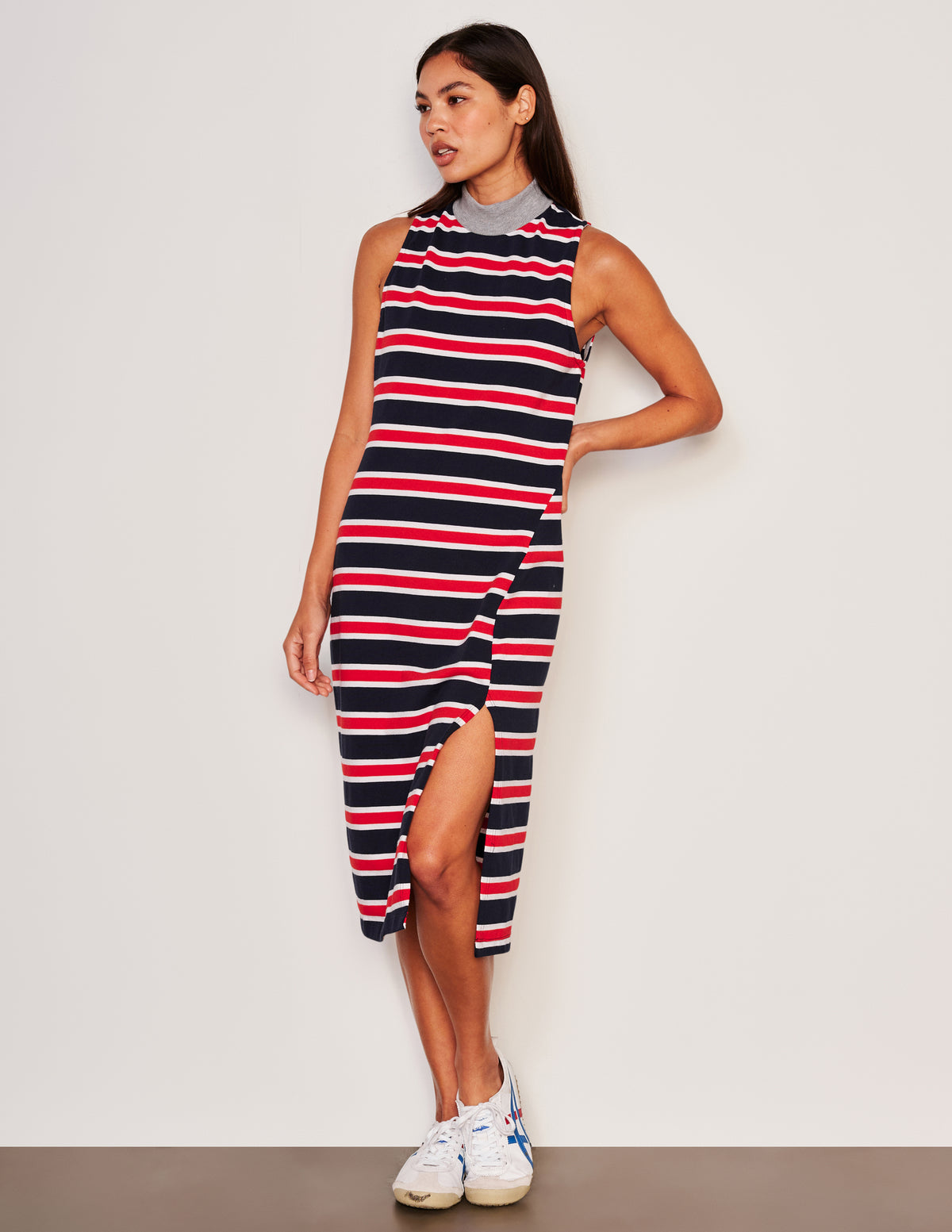 Sundry Midi Mock Neck Sleeveless Dress in Flare Red