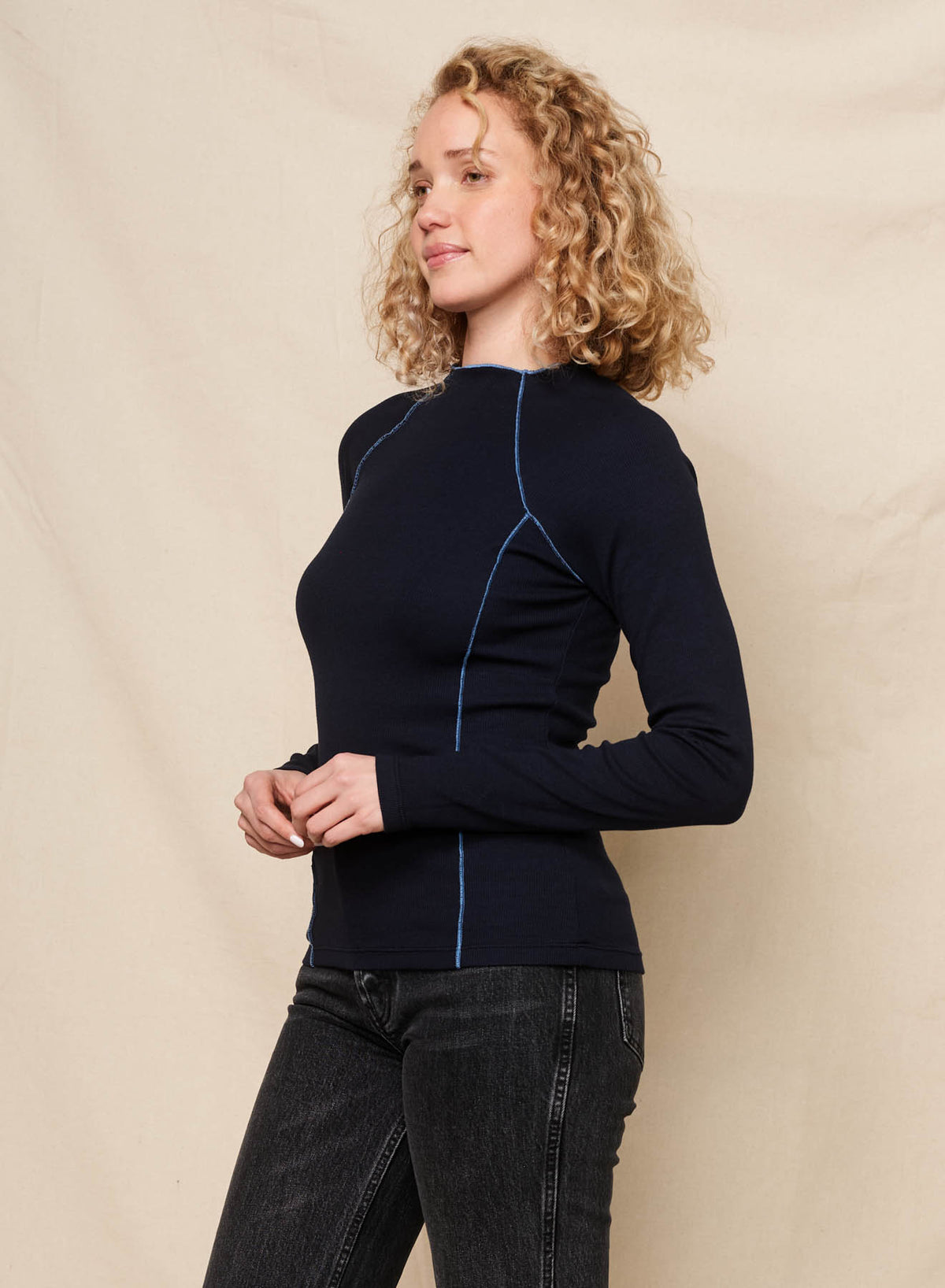 Sundry Long Sleeve Seamed Mock Neck in Deep Navy