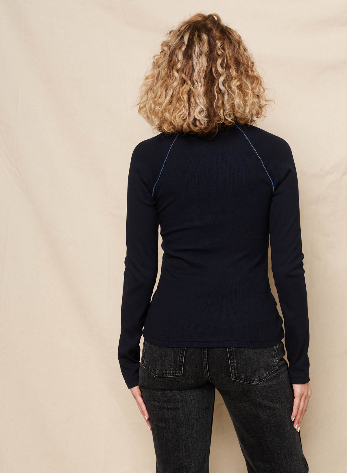 Sundry Long Sleeve Seamed Mock Neck in Deep Navy