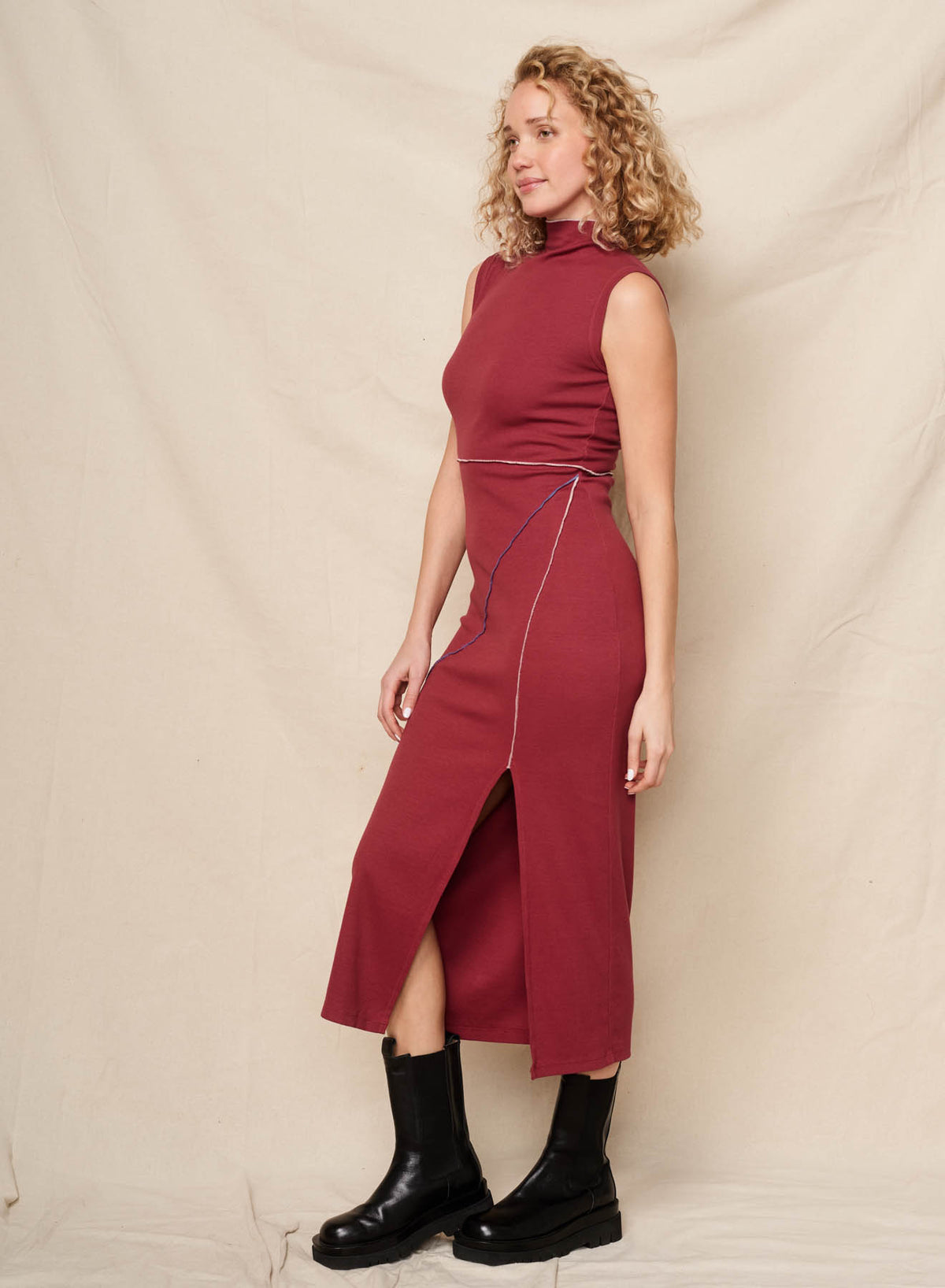 Sundry Midi Seamed Mock Neck Dress in Tibet Red