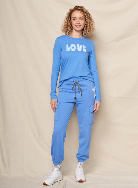 Sundry Love Long Sleeve Crew & Cargo Sweatpant in Lagoon Blue