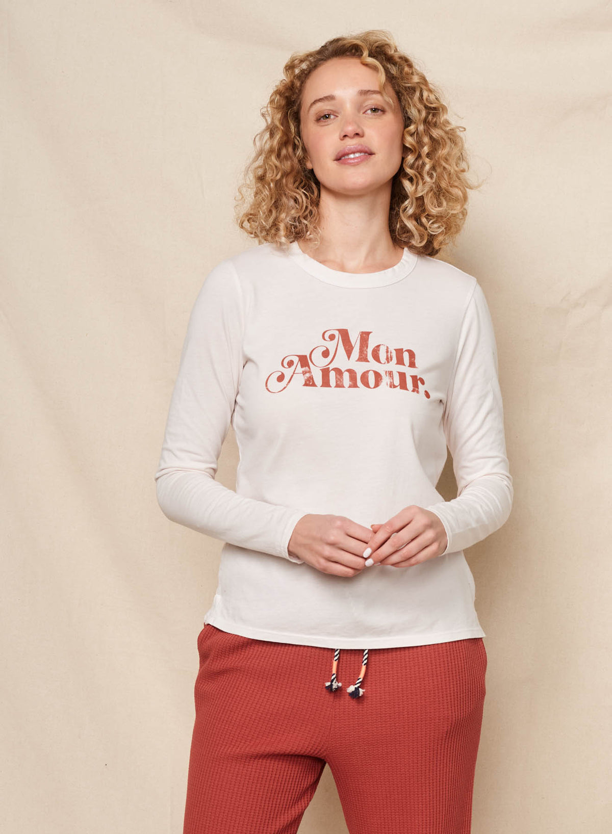 Sundry Mon Amour Long Sleeve Crew in Oyster