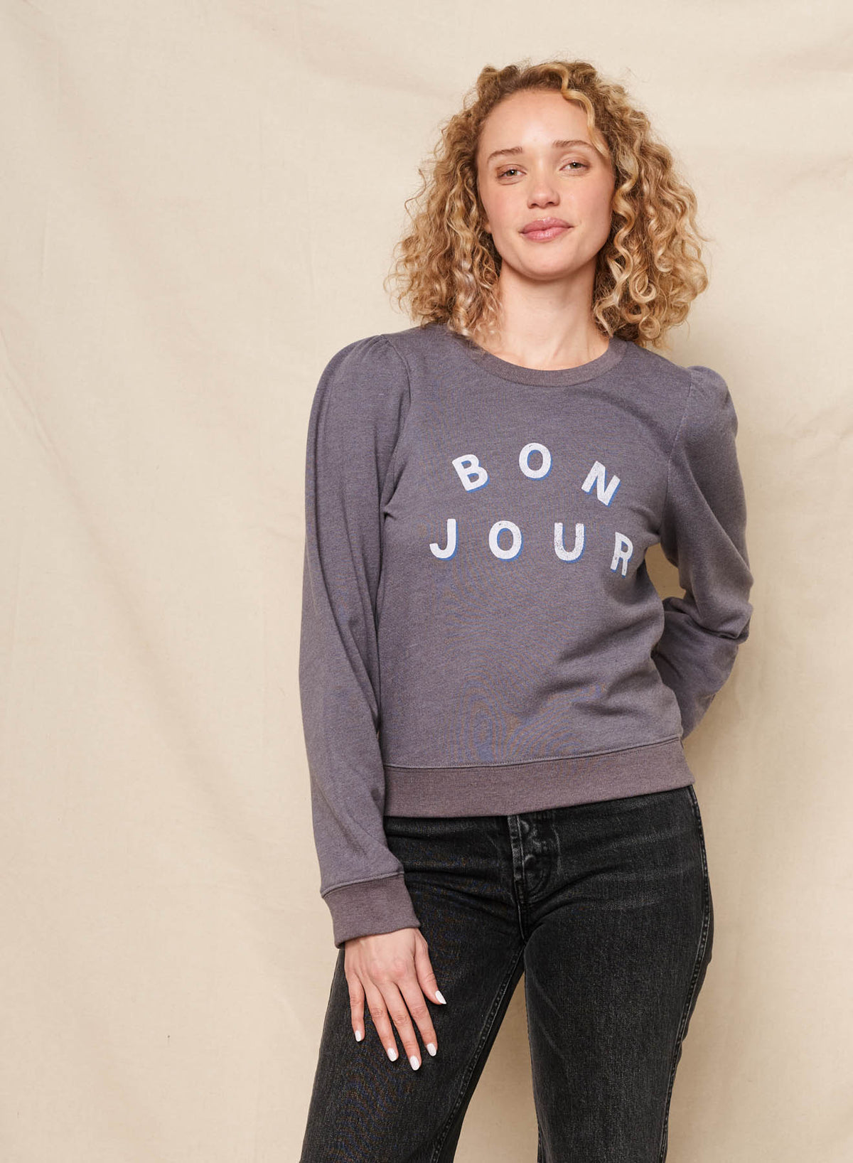 Sundry Bonjour Puff Sleeve Sweatshirt in Washed Black