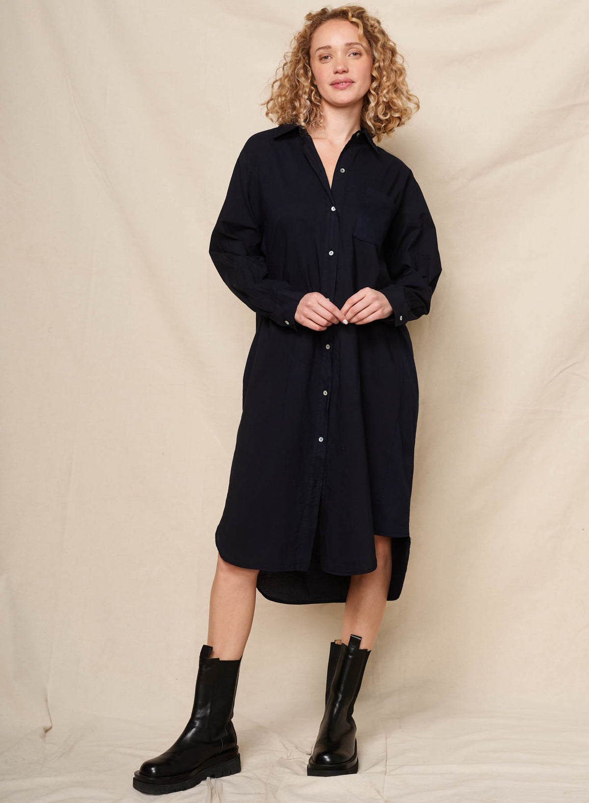 Sundry Mixed Media Shirt Dress in Deep Navy