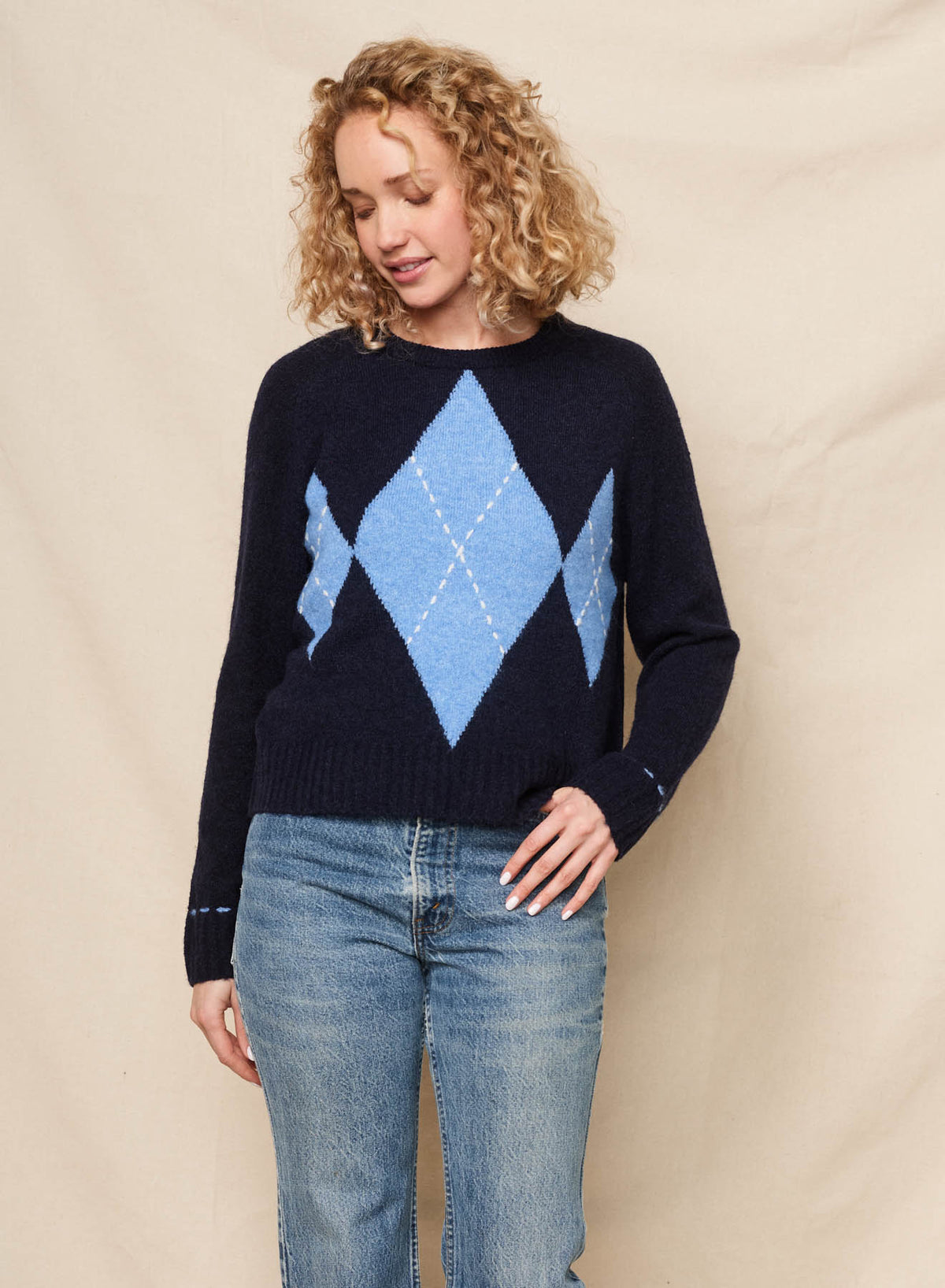 Sundry Argyle Pullover Sweater in Deep Navy