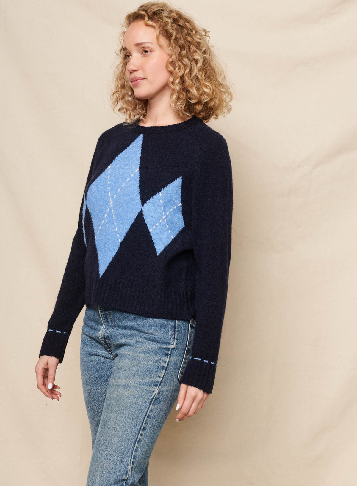 Sundry Argyle Pullover Sweater in Deep Navy