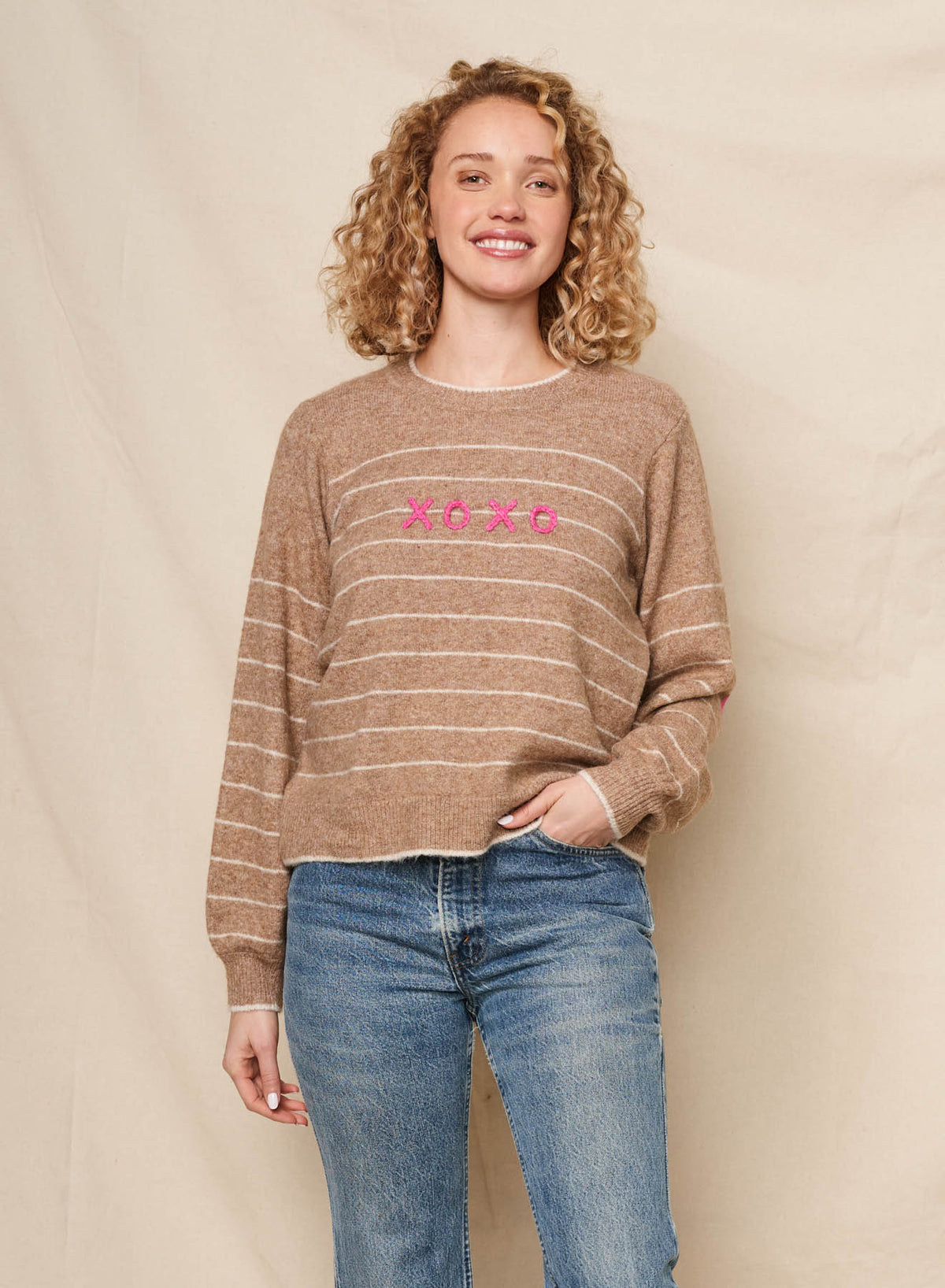 Sundry Xoxo Embroidery Pullover Sweater in Taupe