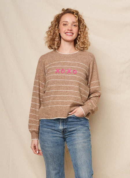Sundry Xoxo Embroidery Pullover Sweater in Taupe