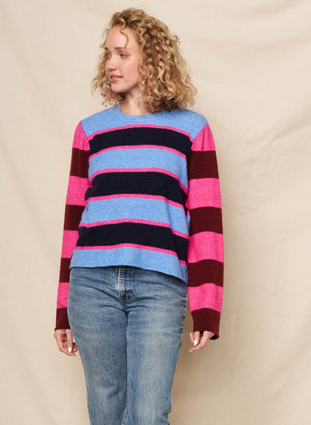 Sundry Colorblock Stripe Pullover Sweater in Lagoon Blue