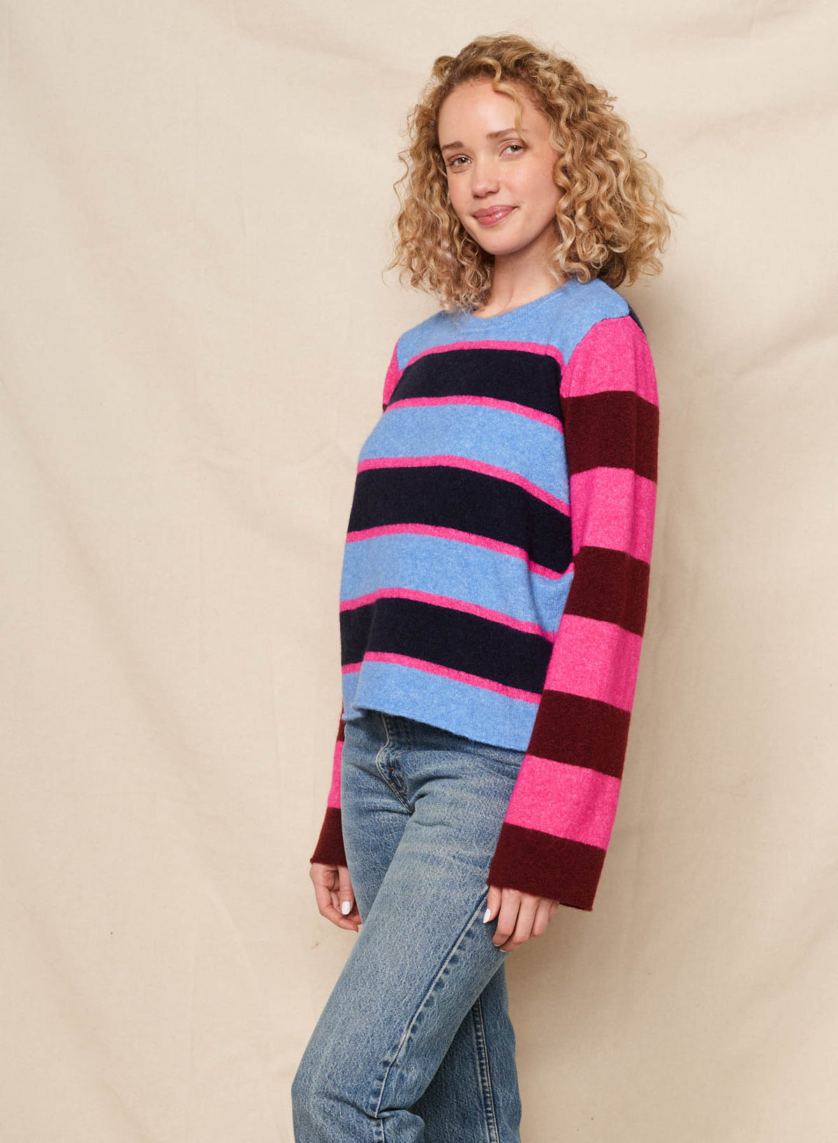 Sundry Colorblock Stripe Pullover Sweater in Lagoon Blue