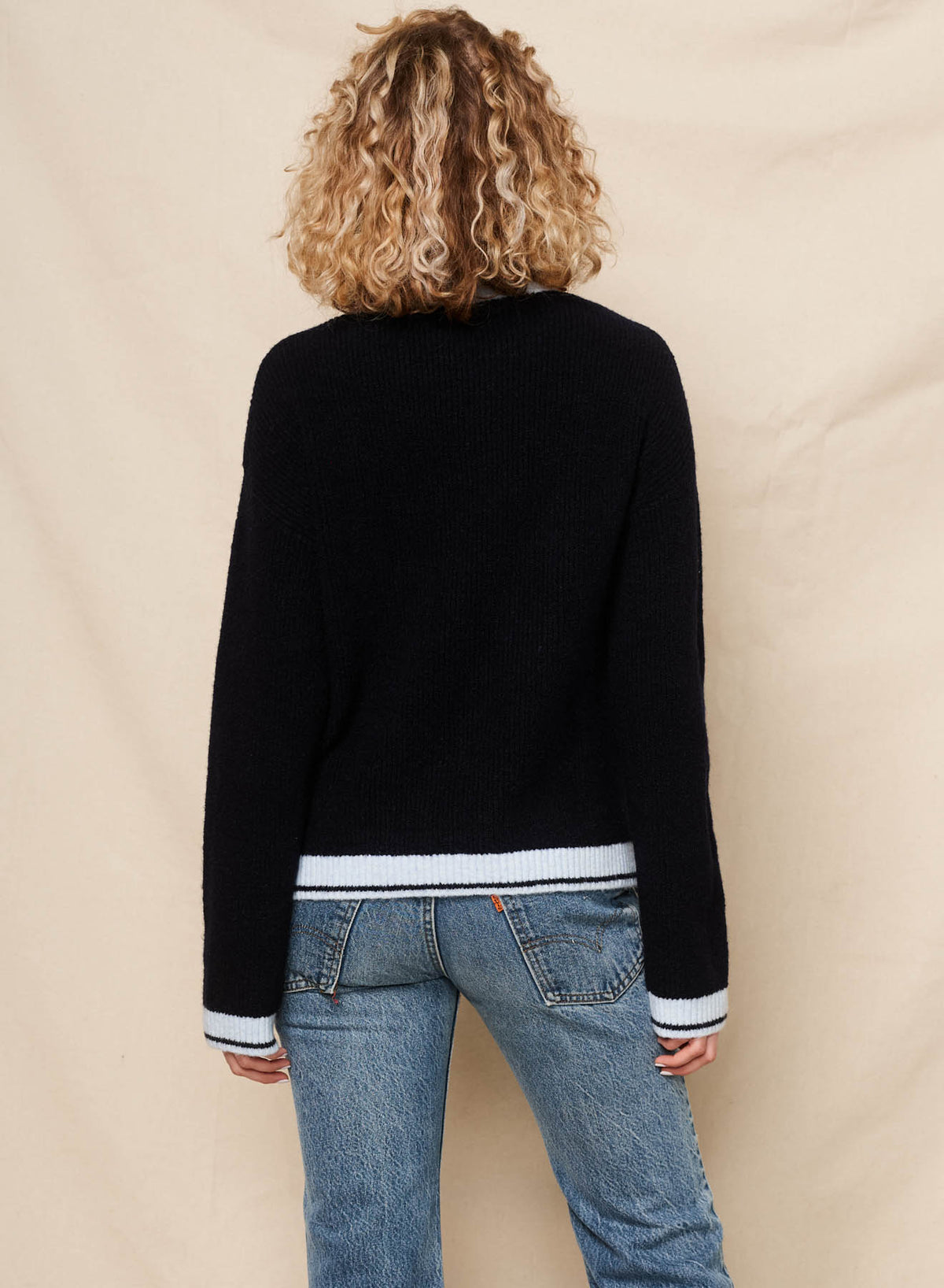 Sundry Amour Intarsia Sweater with Button Side Slits in Deep Navy