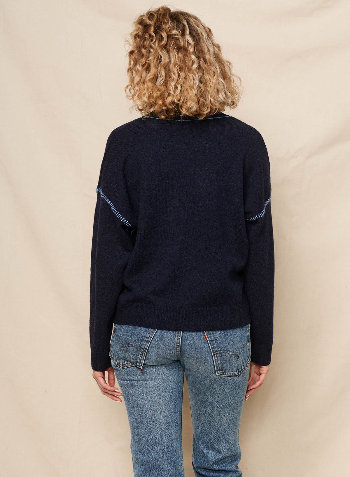 Sundry Crew with Baseball Stitching Sweater in Deep Navy